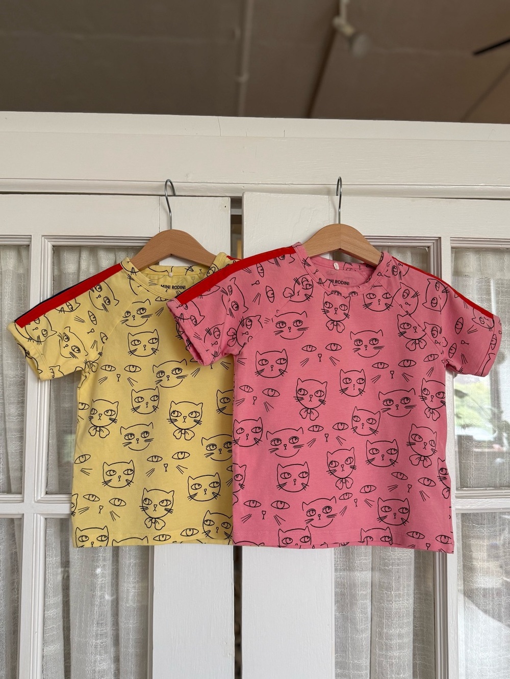 Two Mini Rodini Yellow & Pink Cat Print Short Sleeve Tees